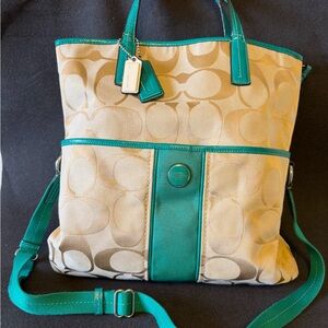 Coach Fold Over Crossbody F23304 Teal and Tan Shopper